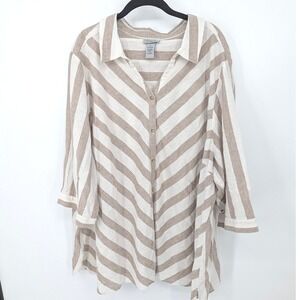 Catherines Button Down Womens Plus 4X Tan Striped Linen Blend 3/4 Sleeve Coastal